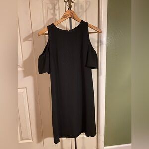 Black shift dress with open shoulder flowy sleeves